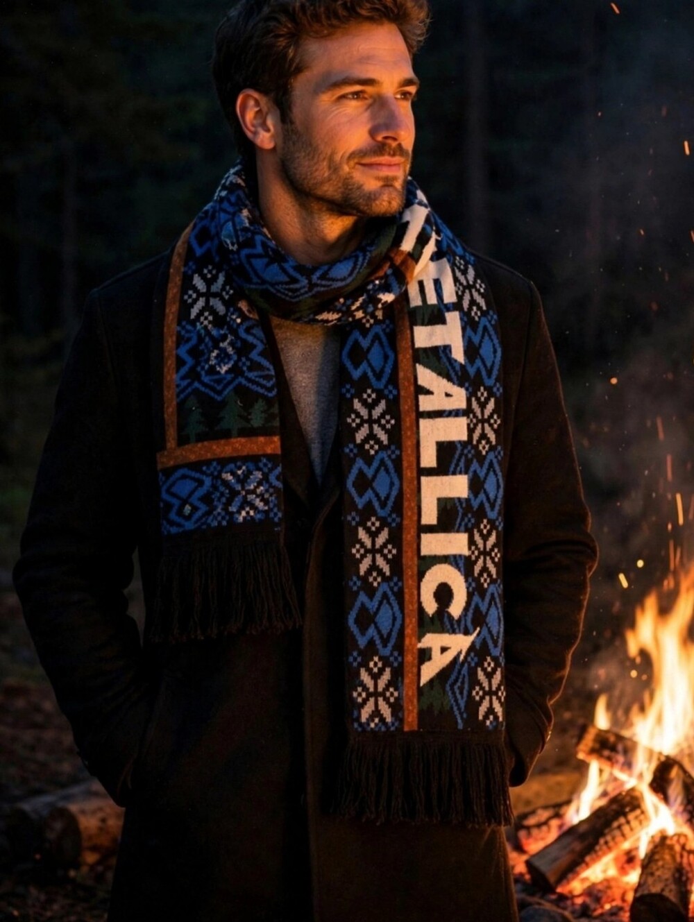 Metallica NWOT Blue & Black Knit Fringe Scarf - 58 Inch Long- 2 Sided Graphics